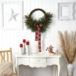 Nearly Natural 28-in Pine And Pinecone Artificial Christmas Wreath With Decorative Bow -Sunnydaze Decor Shop d06b13d861d74c46b83ddecfe2df0fa2