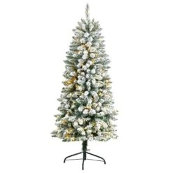 Nearly Natural 5-ft Slim Flocked Montreal Fir Artificial Christmas Tree With 150 Warm White LED Lights And 491 Bendable Branches Green