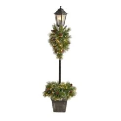 Nearly Natural 5-ft Holiday Pre-lit Decorated Lamp Post With Artificial Christmas Greenery, Decorative Container And 50 LED Lights Indoor Outdoor Patio Porch Decor