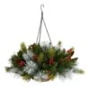 Nearly Natural 24-in Holiday Pre-Lit (30 LED Lights) Pine And Berries Artificial Christmas Hanging Basket, Indoor Outdoor Patio Porch Decor