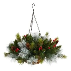 Nearly Natural 24-in Holiday Pre-Lit (30 LED Lights) Pine And Berries Artificial Christmas Hanging Basket, Indoor Outdoor Patio Porch Decor