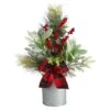 Nearly Natural 20-in Holiday Winter Greenery, Pinecone And Berries With Buffalo Plaid Bow Artificial Christmas Table Arrangement