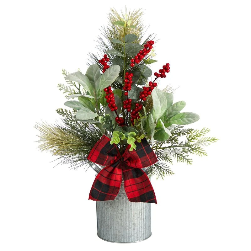 Nearly Natural 20-in Holiday Winter Greenery, Pinecone And Berries With Buffalo Plaid Bow Artificial Christmas Table Arrangement 1 Nearly Natural 20-in Holiday Winter Greenery, Pinecone And Berries With Buffalo Plaid Bow Artificial Christmas Table Arrangement