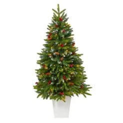 Nearly Natural 56-in Snow Tipped Christmas Tree W/100 LED In White Planter