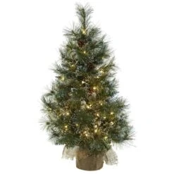 Nearly Natural 3-ft Christmas Tree W/160 Frosted Tips, 100 Clear Lights, Pine Cones & Burlap Bag