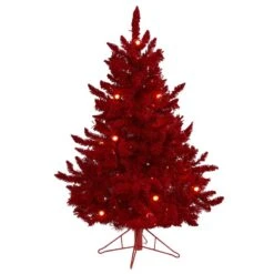 Nearly Natural 4-ft Red Flocked Fraser Fir Artificial Christmas Tree With 100 Red Lights, 14 Globe Bulbs And 270 Bendable Branches Red