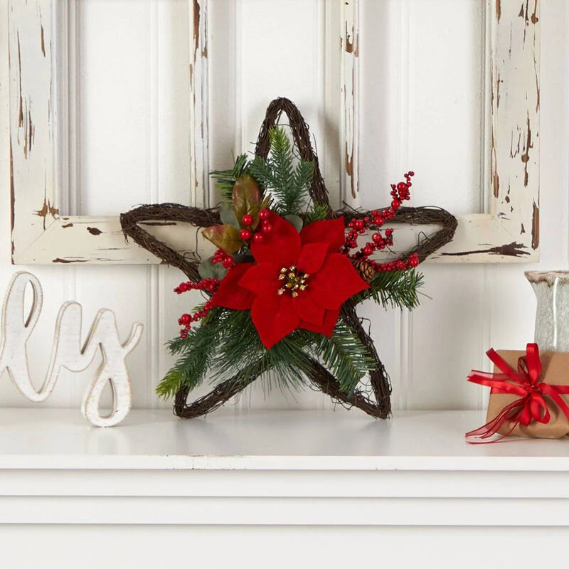 Nearly Natural 16-in Holiday Christmas Poinsettia Star Twig Wreath 4 Nearly Natural 16-in Holiday Christmas Poinsettia Star Twig Wreath - Image 4