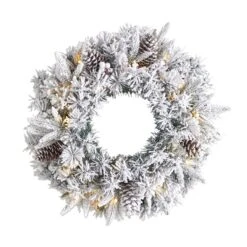 HomPlanti 20" Flocked Artificial Christmas Wreath With 35 Warm White LED Lights