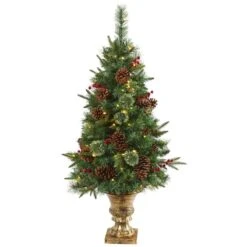 Nearly Natural 4-ft Pine, Pinecone And Berries Artificial Christmas Tree In Decorative Urn And 100 Lights