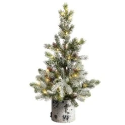Nearly Natural 24-in Flocked Christmas Artificial Tree In Decorative Birch Bark Planter With 30 LED Lights