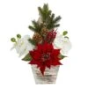 Nearly Natural 15-in Poinsettia And Orchid Arrangement In Christmas Tree Vase