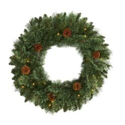 HomPlanti 24" White Mountain Pine Artificial Christmas Wreath With 35 LED Lights And Pinecones