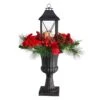 Nearly Natural 33-in Holiday Christmas Berries And Poinsettia With Large Lantern And Included LED Candle Set In A Decorative Urn Porch Decor