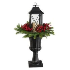 Nearly Natural 33-in Holiday Greenery, Berries And Pinecones In Decorative Urn With Large Lantern And Included LED Candle Artificial Christmas Porch Décor