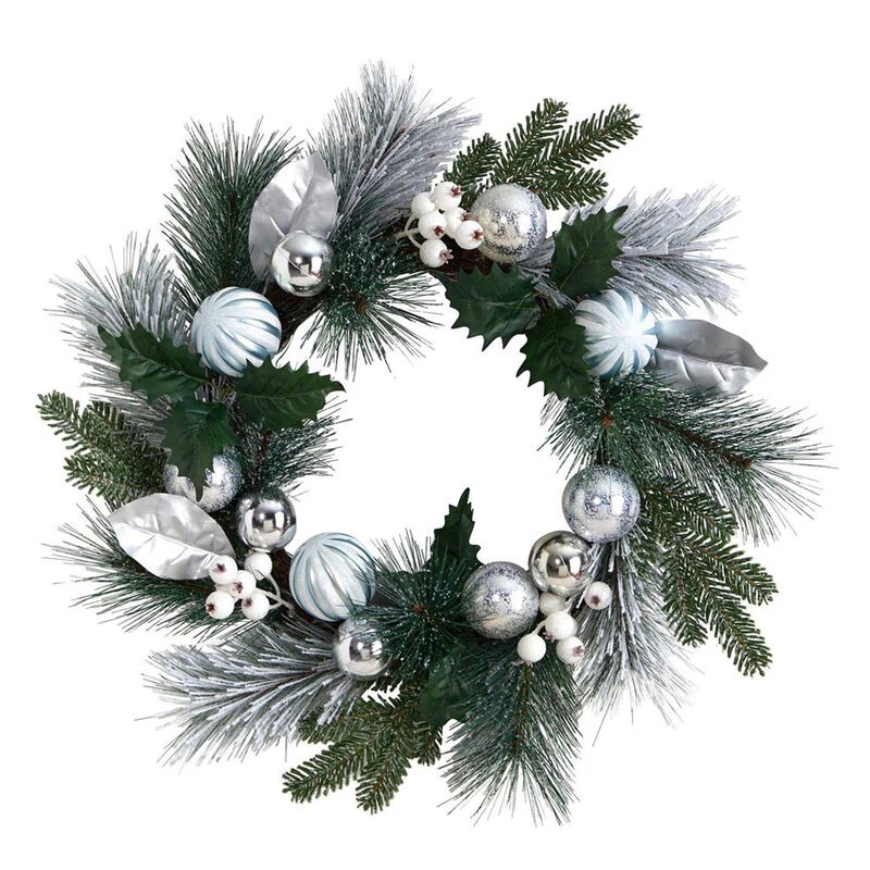 Nearly Natural 24-in Assorted Snow Tipped Pine, Pinecones And Berries Artificial Christmas Wreath With Silver Ornaments 2 Nearly Natural 24-in Assorted Snow Tipped Pine, Pinecones And Berries Artificial Christmas Wreath With Silver Ornaments - Image 2