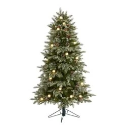 Nearly Natural 5-ft Flocked Whistler Mountain Fir Artificial Christmas Tree With 250 Warm White LED Lights With Instant Connect Technology, 28 Globe Bulbs, Pine Cones And 480 Bendable Branches