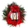 Nearly Natural 28-in Poinsettia And Berry Holiday Lantern Christmas Wreath With LED Candle