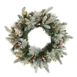 HomPlanti 20" Flocked Mixed Pine Artificial Christmas Wreath With 50 LED Lights, Pine Cones And Berries