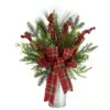 Nearly Natural 28-in Holiday Winter Greenery, Berries And Plaid Bow Artificial Christmas Arrangement Home Décor