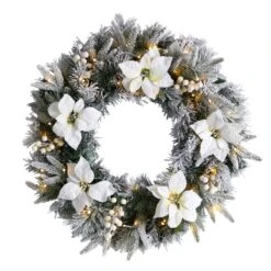Nearly Natural 24-in Flocked Poinsettia And Pine Artificial Christmas Wreath With 50 Warm White LED Lights