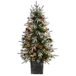 Nearly Natural 4-ft Frosted Artificial Christmas Tree Pre-Lit With 105 LED Lights And Berries In Decorative Planter