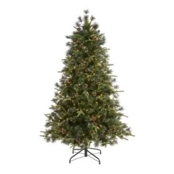 Nearly Natural 6-ft Snowed Tipped Clermont Mixed Pine Artificial Christmas Tree With 250 Clear LED Lights, Pine Cones And 1242 Bendable Branches