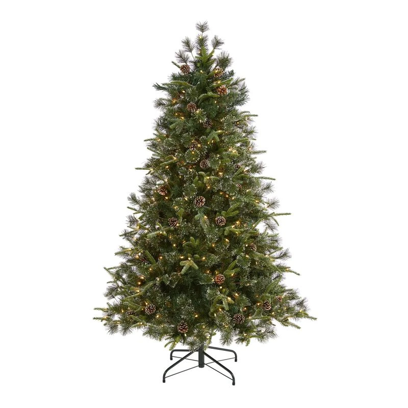 Nearly Natural 6-ft Snowed Tipped Clermont Mixed Pine Artificial Christmas Tree With 250 Clear LED Lights, Pine Cones And 1242 Bendable Branches 1 Nearly Natural 6-ft Snowed Tipped Clermont Mixed Pine Artificial Christmas Tree With 250 Clear LED Lights, Pine Cones And 1242 Bendable Branches