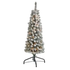 Nearly Natural 4-ft Flocked Pencil Artificial Christmas Tree With 100 Clear Lights And 216 Bendable Branches White