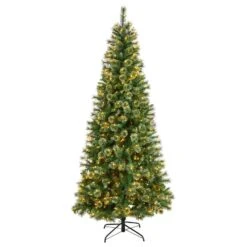 Nearly Natural 8-ft Wisconsin Slim Snow Tip Pine Artificial Christmas Tree With 600 Clear LED Lights And 908 Bendable Branches