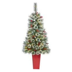 Nearly Natural 52-in Frosted Swiss Pine Christmas Tree 100 LED In Red Planter