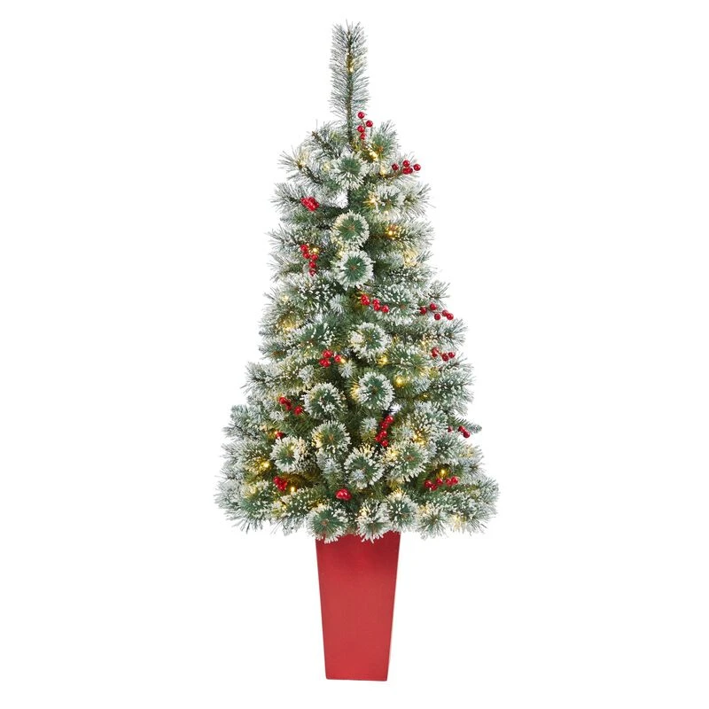 Nearly Natural 52-in Frosted Swiss Pine Christmas Tree 100 LED In Red Planter 1 Nearly Natural 52-in Frosted Swiss Pine Christmas Tree 100 LED In Red Planter
